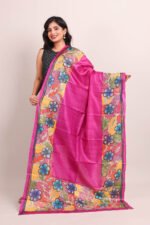 Pink Hand Painted Floral Pure Tussar Kantha Dupatta