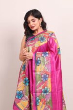 Pink Hand Painted Floral Pure Tussar Kantha Dupatta - Image 2