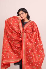 Orange Floral Pure Silk Kantha Dupatta - Image 2