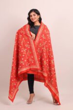 Orange Floral Pure Silk Kantha Dupatta - Image 3