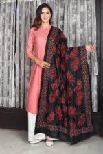 Black with Red Lotus Kantha Bangalore Silk Dupatta