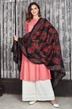 Black with Red Lotus Kantha Bangalore Silk Dupatta - Image 2