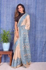 Off white Kantha Traditional Pure Tussar Saree - Image 3