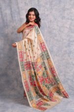 Off White Traditional Pure Tussar Kantha Saree - Image 4
