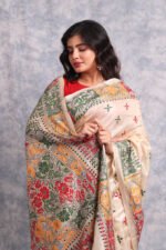 Off White Traditional Pure Tussar Kantha Saree - Image 2