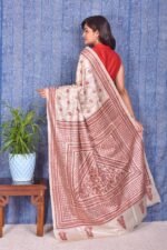 Off white Kantha Traditional Pure Tussar Saree - Image 2