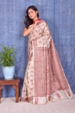Off white Kantha Traditional Pure Tussar Saree - Image 3