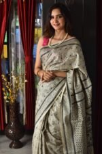Off white Kantha Traditional Pure Tussar Saree - Image 4