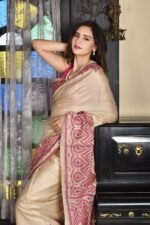 Off white Kantha Traditional Pure Tussar Saree - Image 3