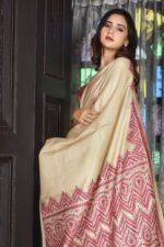 Off white Kantha Traditional Pure Tussar Saree - Image 4